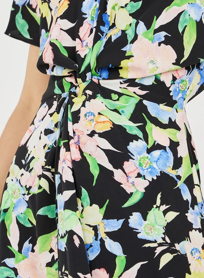ستايلي Front Twist Detail Floral Print A-Line Midi Dress