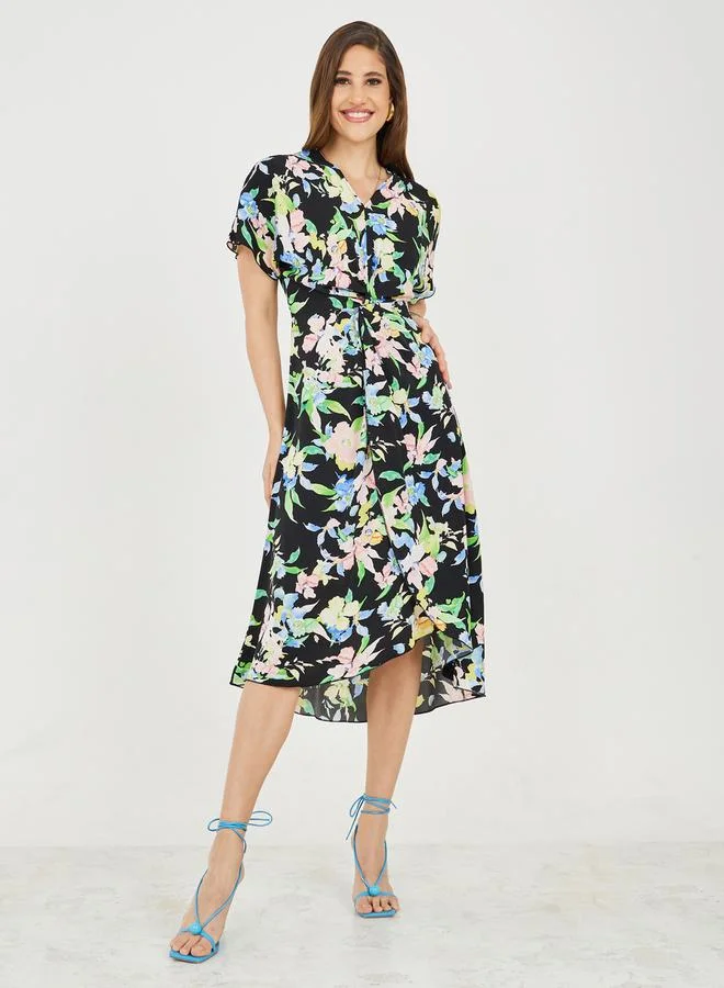 ستايلي Front Twist Detail Floral Print A-Line Midi Dress