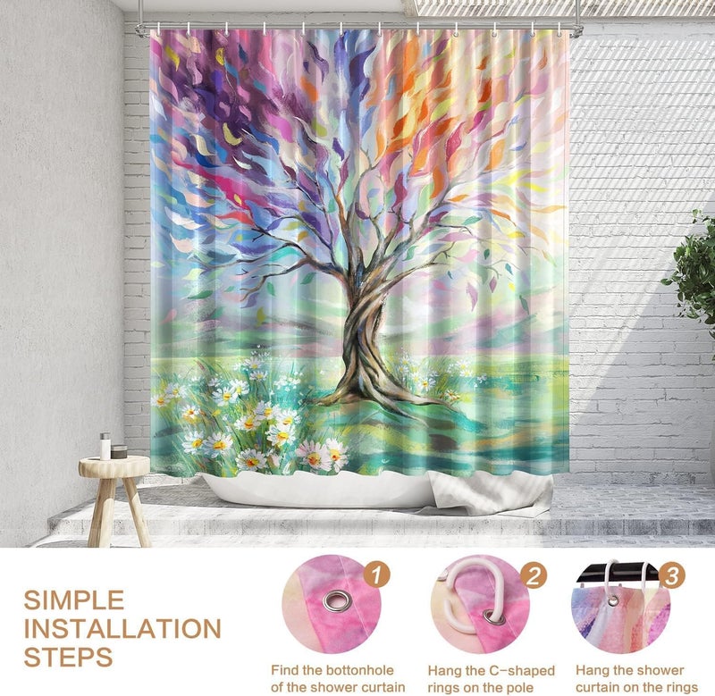 Khazna All budget friendly options Oil Painting Tree Shower Curtain, Colored Seasons Tree Shower Curtain for Bathroom with Hooks, Polyester Fabric Washable Shower Curtains Sets Decorative Waterproof Bath Curtain 180cm*180cm Care processed raw material - Image 4