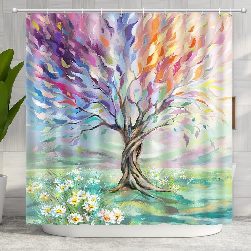 Khazna All budget friendly options Oil Painting Tree Shower Curtain, Colored Seasons Tree Shower Curtain for Bathroom with Hooks, Polyester Fabric Washable Shower Curtains Sets Decorative Waterproof Bath Curtain 180cm*180cm Care processed raw material - Image 1