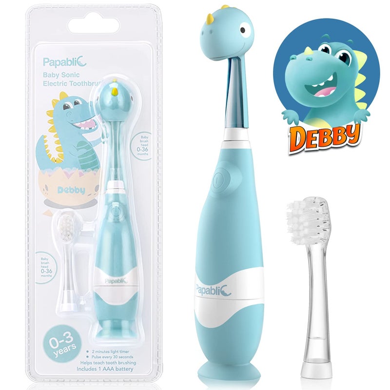 Papablic Toddler Sonic Electric Kids Toothbrush for Ages 13 Years Baby Electric Toothbrush with Cute Dino Cover and Smart LED Timer 2 Brush Heads Debby
