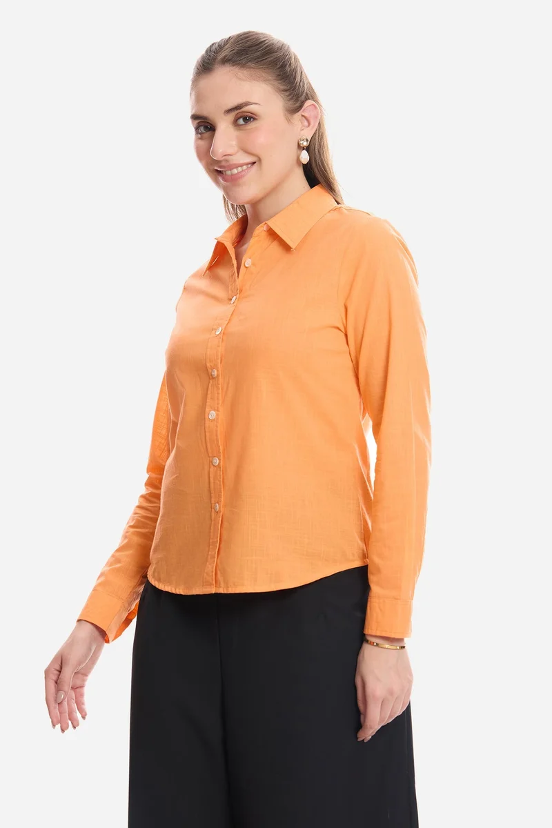 Virgio Orange Solid Viscose Button Down Shirt for Women for Women | Best Price UAE