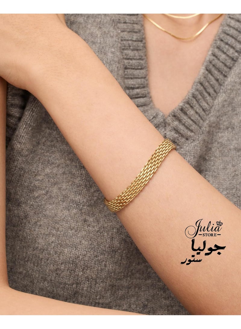 Julia Store 18k Gold Italian Mesh Link Chain Lucky Four Leaf Link Clover Stainless Steel Bismarck Curb Bracelet Herringbone Braided 4.4 mm Jewelry Set Of 2 - Image 5