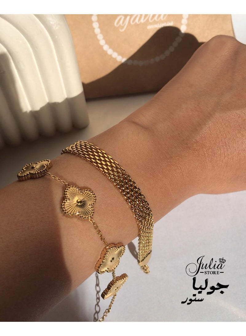 Julia Store 18k Gold Italian Mesh Link Chain Lucky Four Leaf Link Clover Stainless Steel Bismarck Curb Bracelet Herringbone Braided 4.4 mm Jewelry Set Of 2 - Image 2