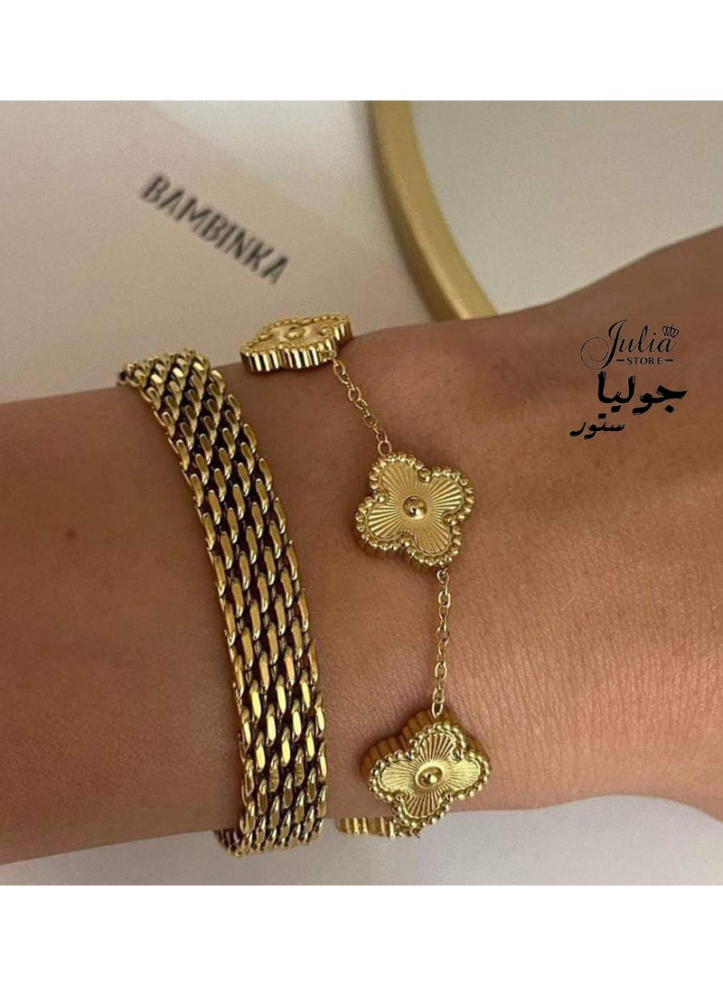 Julia Store 18k Gold Italian Mesh Link Chain Lucky Four Leaf Link Clover Stainless Steel Bismarck Curb Bracelet Herringbone Braided 4.4 mm Jewelry Set Of 2 - Image 1