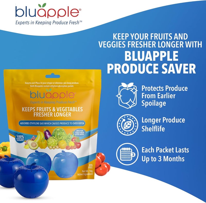 BluApple Produce Saver Ethylene Gas Absorber 2-Pack - Keeps Fruits & Vegetables Fresh Longer in Refrigerator Crisper, Shelves, & Fruit Bowls, Lasts up to 3 Months, Produce Storage, BPA Free, USA Made - Image 2