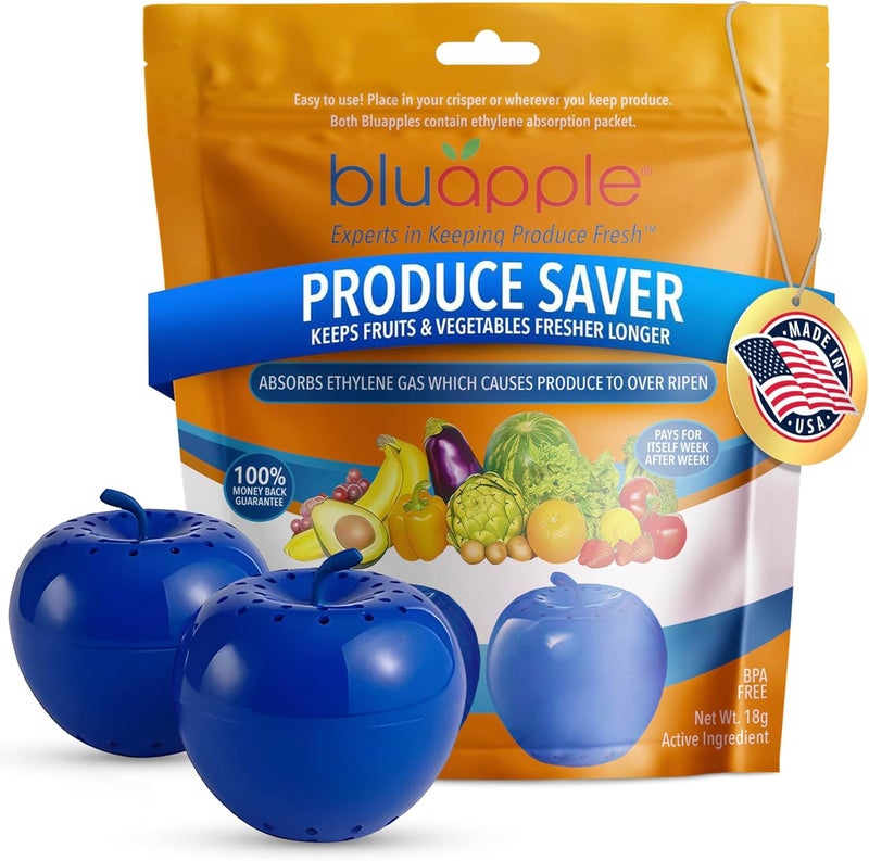 BluApple Produce Saver Ethylene Gas Absorber 2-Pack - Keeps Fruits & Vegetables Fresh Longer in Refrigerator Crisper, Shelves, & Fruit Bowls, Lasts up to 3 Months, Produce Storage, BPA Free, USA Made - Image 1