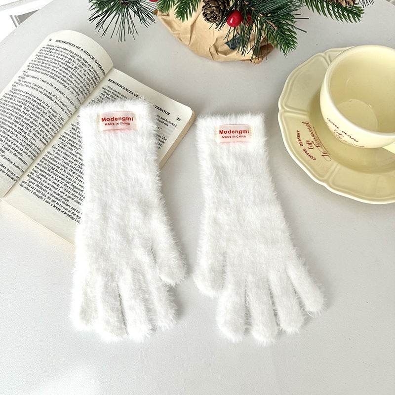 Japanese Style Cute Plush Gloves Womens Winter Warm Anti-cold Long Gloves Touchscreen Compatible Snowy Atmosphere Sensation 1-white 
