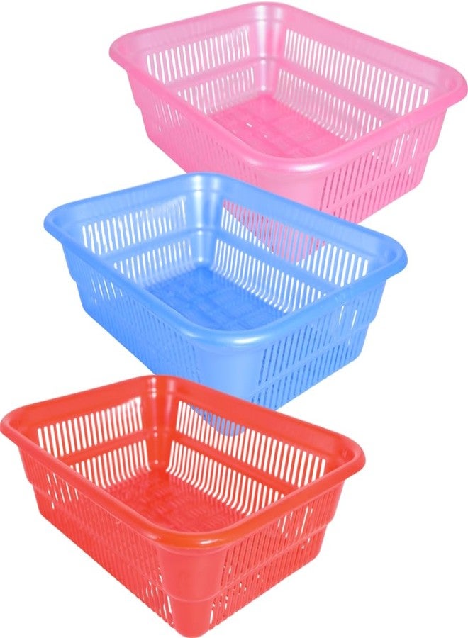 Simply Home Simplex-1 Multi-Purpose Plastic Storage Basket|Durable Stackable Organizer Tokri For Home,Kitchen,Bathroom & Office|Ideal For Toys,Clothes,Cosmetics,Stationery|Set Of 3|Red Green Pink - Image 1