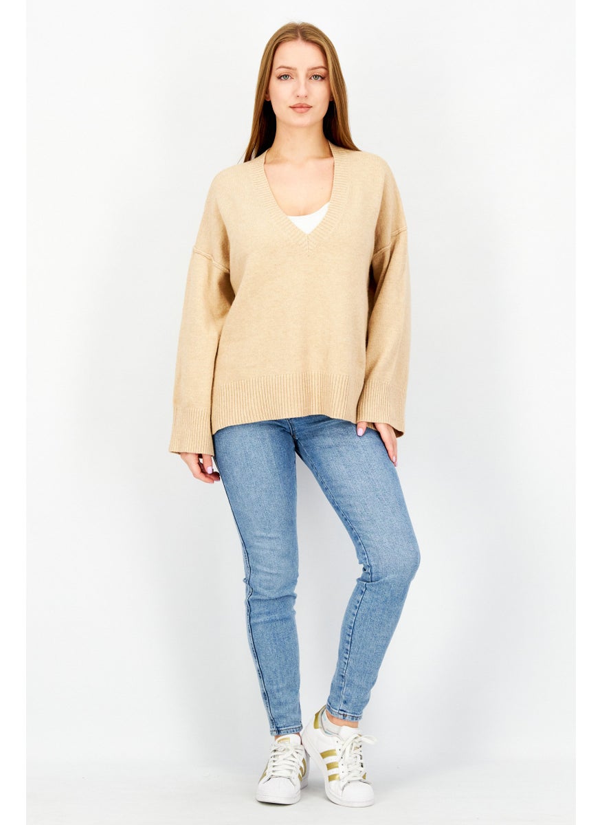 EDC Women V-Neck Knitted Sweater, Tan  - Image 3