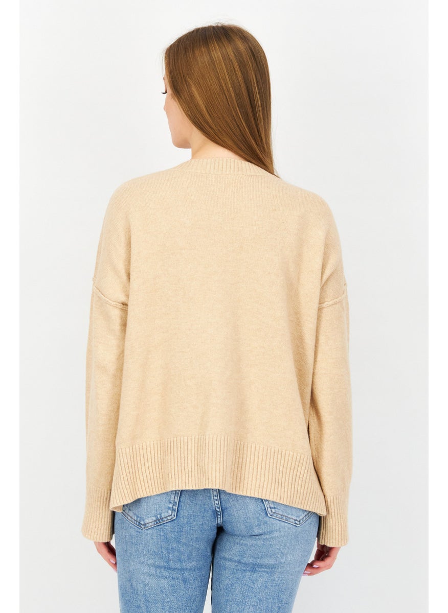 EDC Women V-Neck Knitted Sweater, Tan  - Image 2