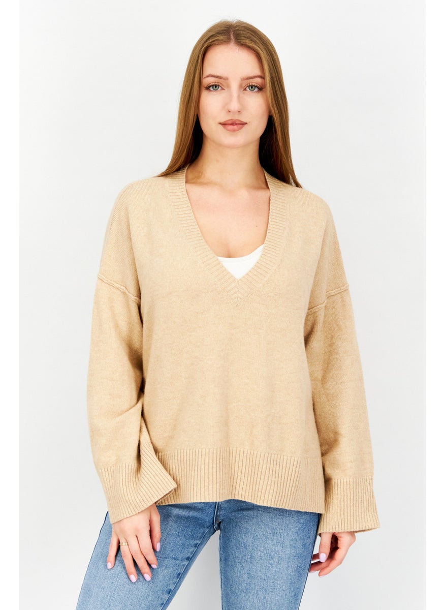 EDC Women V-Neck Knitted Sweater, Tan  - Image 1