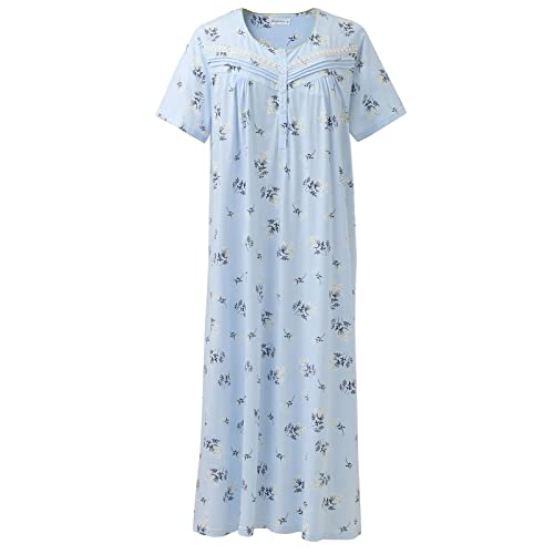 Keyocean Women Cotton Nightgowns, Soft Comfy Lightweight Short Sleeves Elegant Ladies Sleeping Gown, Light Blue with Jasmine Floral, X-Large (XL) - Image 1