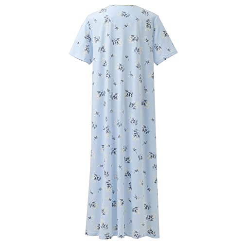 Keyocean Women Cotton Nightgowns, Soft Comfy Lightweight Short Sleeves Elegant Ladies Sleeping Gown, Light Blue with Jasmine Floral, X-Large (XL) - Image 2