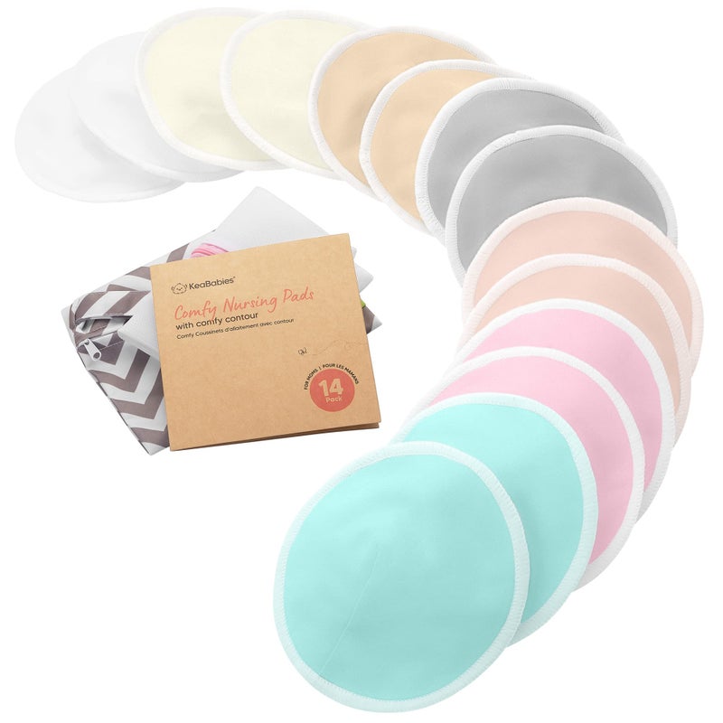 KeaBabies Organic Nursing Pads - 14 Washable Breast Pads for Breastfeeding, Wash Bag, Viscose Derived from Bamboo Reusable Nipple Covers for Breastfeeding Essentials, Soft & Absorbent (Pastel Touch, L 4.8") - Image 1