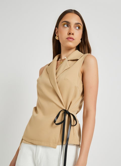 Take Two Solid Sleeveless Wrap Top with Tie-Up Detail