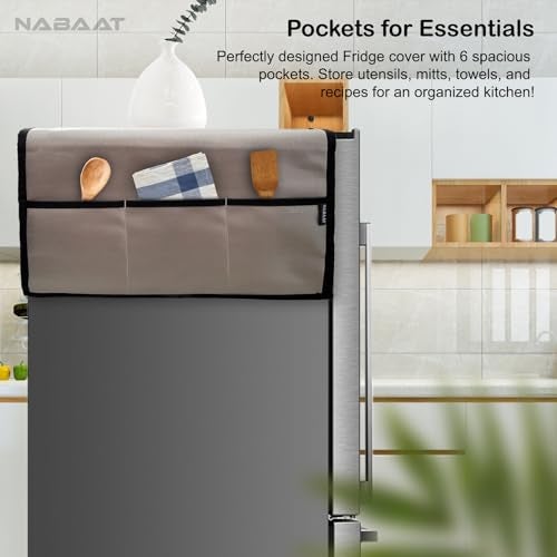 NABAAT Premium Fridge Cover Top for Single Door Refrigerator Kitchen Decor Durable Dustproof Waterproof Modern Design with 6 Side Pockets for Kitchen Accessories - 130 x 54cm (Light Grey) - Image 5