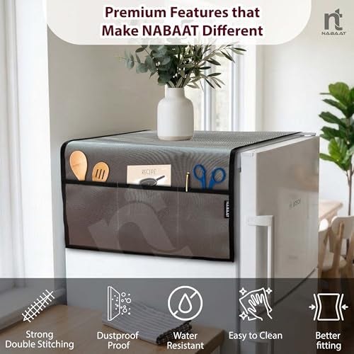 NABAAT Premium Fridge Cover Top for Single Door Refrigerator Kitchen Decor Durable Dustproof Waterproof Modern Design with 6 Side Pockets for Kitchen Accessories - 130 x 54cm (Light Grey) - Image 4