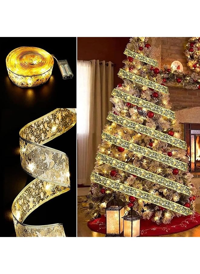 The Bros Christmas Ribbon Lights 16ft 50 LED Lights Copper Wire Ribbon Bows String Lights for Weddings Holiday Party Christmas Tree Decorations (Gold)  - Image 1
