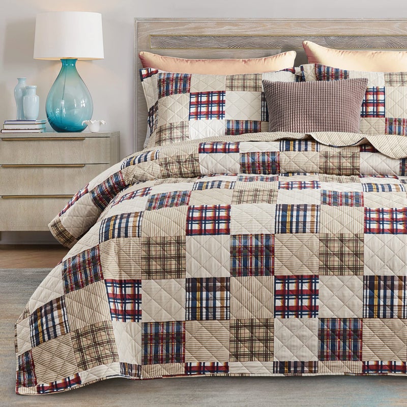 CHIXIN Plaid Quilt Queen Size  Classic Tartan Plaid Pattern  Lightweight Bedspread Coverlet Set Country Patchwork Bedding Cover for All Season 3 Piece Beige