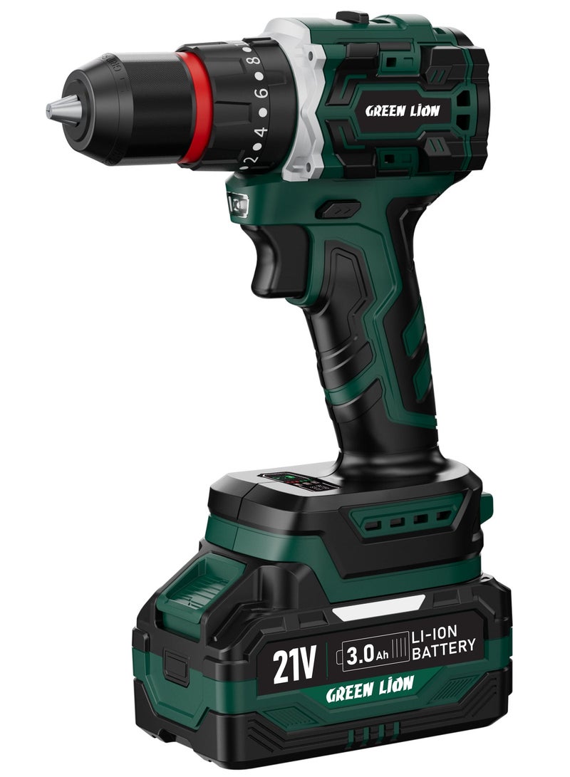 GREEN LION Cordless Hammer Drill With 2pcs 21V 3.0Ah Battery with 45 N.m Torque, 2000rpm, 300W, 69 Piece Bit Set , Powerful Brushless Motor, 22 Torque Clutch Settings, For Drilling & Fastening, LED Light, Soft Grip, Variable Speed, Lightweight - Green/Black - Image 1