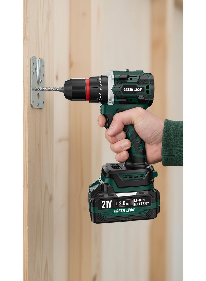 GREEN LION Cordless Hammer Drill With 2pcs 21V 3.0Ah Battery with 45 N.m Torque, 2000rpm, 300W, 69 Piece Bit Set , Powerful Brushless Motor, 22 Torque Clutch Settings, For Drilling & Fastening, LED Light, Soft Grip, Variable Speed, Lightweight - Green/Black - Image 4