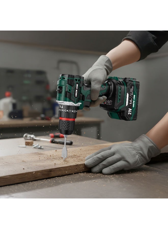 GREEN LION Cordless Hammer Drill With 2pcs 21V 3.0Ah Battery with 45 N.m Torque, 2000rpm, 300W, 69 Piece Bit Set , Powerful Brushless Motor, 22 Torque Clutch Settings, For Drilling & Fastening, LED Light, Soft Grip, Variable Speed, Lightweight - Green/Black - Image 2