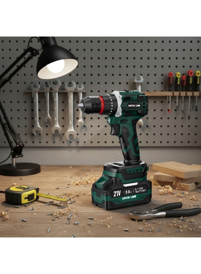 GREEN LION Cordless Hammer Drill With 2pcs 21V 3.0Ah Battery with 45 N.m Torque, 2000rpm, 300W, 69 Piece Bit Set , Powerful Brushless Motor, 22 Torque Clutch Settings, For Drilling & Fastening, LED Light, Soft Grip, Variable Speed, Lightweight - Green/Black - Image 3