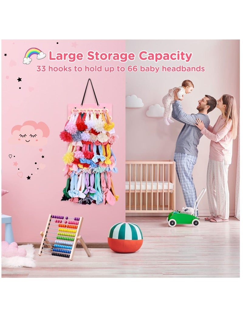 Loquat Headband Holder for Baby Girls, Organizer Bow w/Heart-Shape Velvet Hangers, Door,Closet,Wall, Light Pink - Image 3