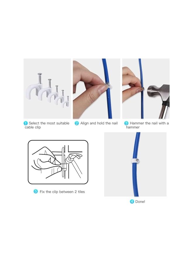 S-TOP Cable Clips With Steel Nails, 500 PCS White Round Management Wire Tacks, 4mm 6mm 8mm 10mm 12mm Sizes, Organizer for Ethernet TV Speaker Cord, Home Office Wall Fasteners Electrical Line - Image 2