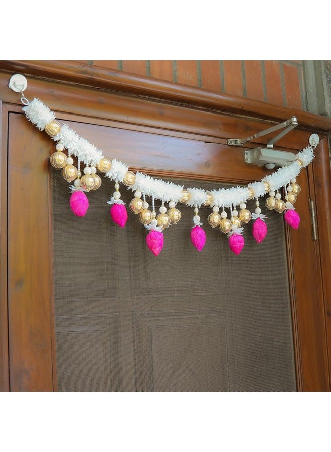 Kaameri Bazaar Traditional Handmade Door Hanging Toran|White Gajra and Pink Lotus String Garland with Beads for Indian Diwali Decoration 101 CM - Image 3