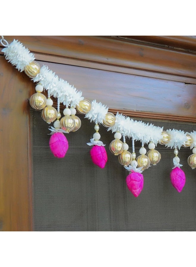 Kaameri Bazaar Traditional Handmade Door Hanging Toran|White Gajra and Pink Lotus String Garland with Beads for Indian Diwali Decoration 101 CM - Image 5
