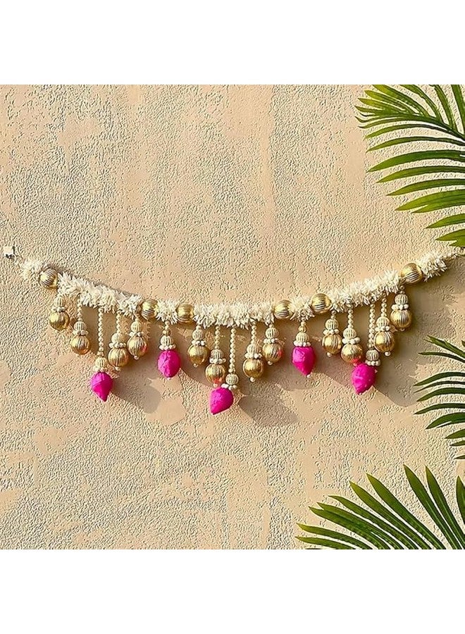 Kaameri Bazaar Traditional Handmade Door Hanging Toran|White Gajra and Pink Lotus String Garland with Beads for Indian Diwali Decoration 101 CM - Image 1
