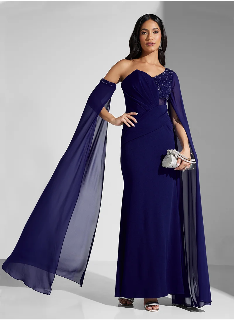 Namshi x One Shoulder Sequin Embellished Dress With Trail
