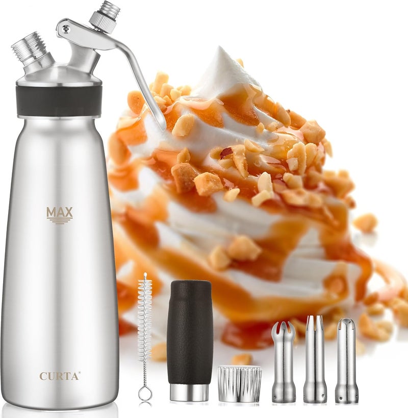 CURTA Stainless Steel Professional Whipped Cream Dispenser, Leak-Free Cream Whipper, Cream Maker with 3 Decorating Tips & Cleaning Brush, 500ml / 1 Pint Canister, N2O Charger (Not Included) - Image 1