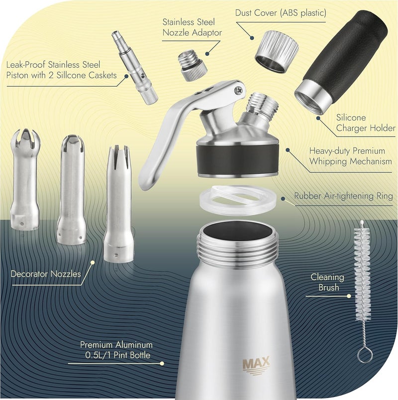 CURTA Stainless Steel Professional Whipped Cream Dispenser, Leak-Free Cream Whipper, Cream Maker with 3 Decorating Tips & Cleaning Brush, 500ml / 1 Pint Canister, N2O Charger (Not Included) - Image 4