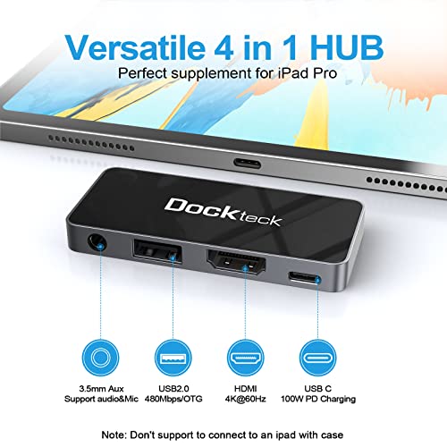 Dockteck USB C Hub Adapter for iPad Pro 2021 2020 2018 11 12.9 / iPad Air 4 10.9 iPad mini6 Dockteck 4 in 1 iPad Pro USB-C Hub with 100W Power Delivery, 4K@60Hz HDMI Port, USB 2.0 Port and 3.5mm Headphone Jack - Image 2