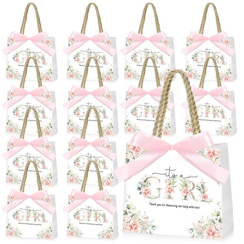 Spakon 25 Sets Its a Girl Baby Shower Party Favor Bags for Girls Floral Gift Bags with Handle and Ribbon Bow for Gender Reveal Birthday Party Decorations Supplies - Image 1