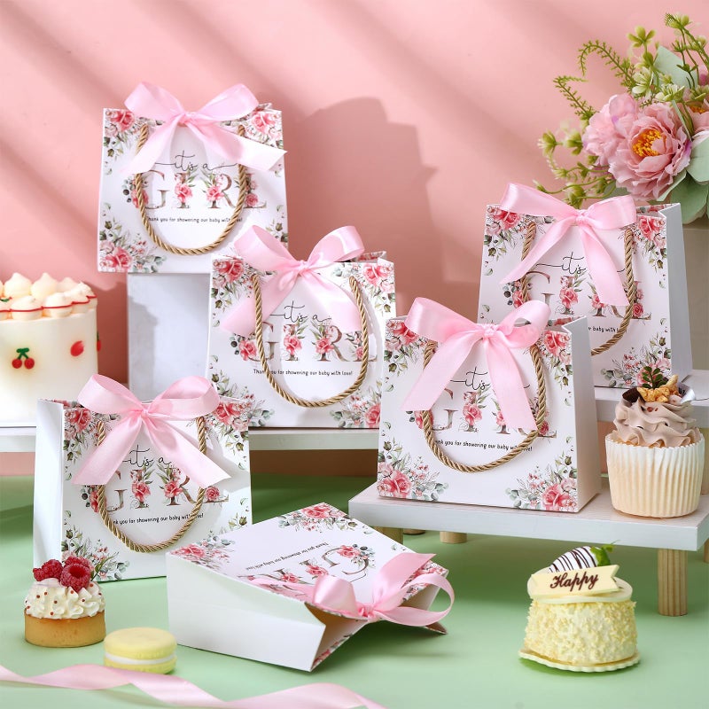 Spakon 25 Sets Its a Girl Baby Shower Party Favor Bags for Girls Floral Gift Bags with Handle and Ribbon Bow for Gender Reveal Birthday Party Decorations Supplies - Image 4
