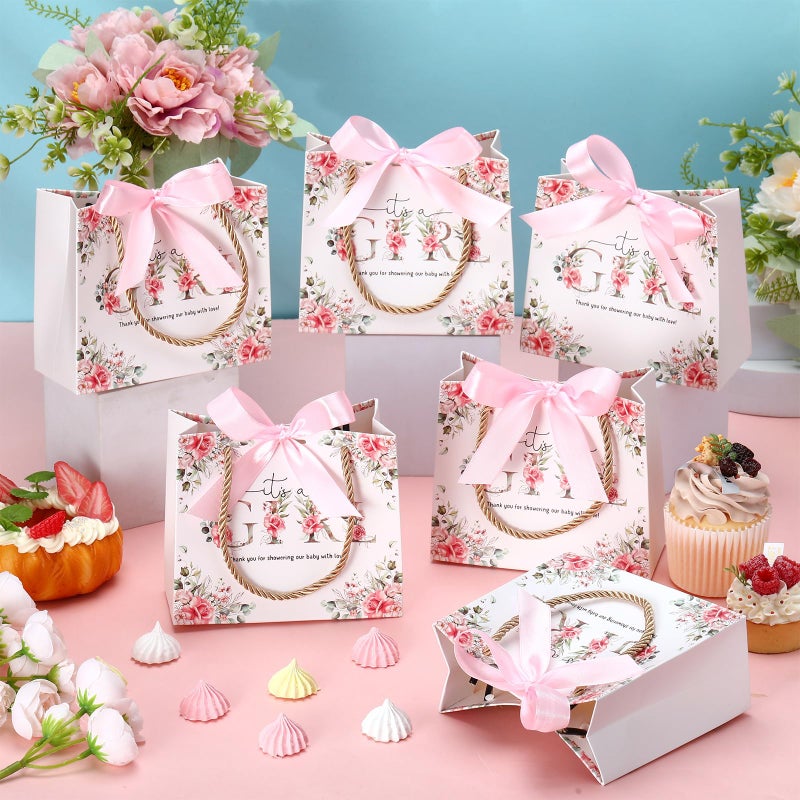 Spakon 25 Sets Its a Girl Baby Shower Party Favor Bags for Girls Floral Gift Bags with Handle and Ribbon Bow for Gender Reveal Birthday Party Decorations Supplies - Image 3