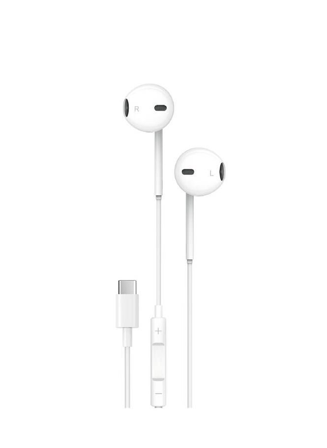 porodo Stereo Earphones Type-C Connector 1.2m 3-Button Controls High-Clarity Mic Answer & Close Call Works on Type-C Phones and iPad - White  - Image 1