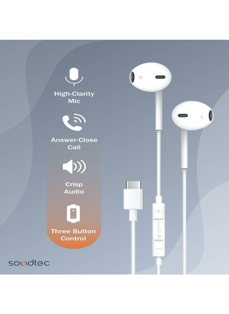 porodo Stereo Earphones Type-C Connector 1.2m 3-Button Controls High-Clarity Mic Answer & Close Call Works on Type-C Phones and iPad - White  - Image 3