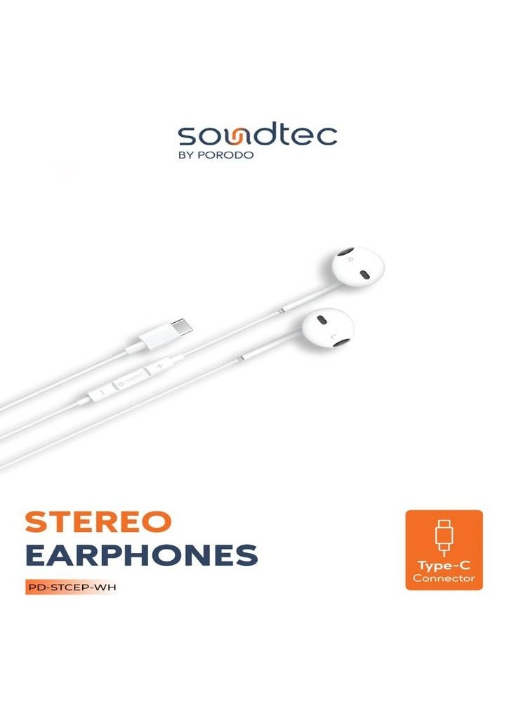 porodo Stereo Earphones Type-C Connector 1.2m 3-Button Controls High-Clarity Mic Answer & Close Call Works on Type-C Phones and iPad - White  - Image 2