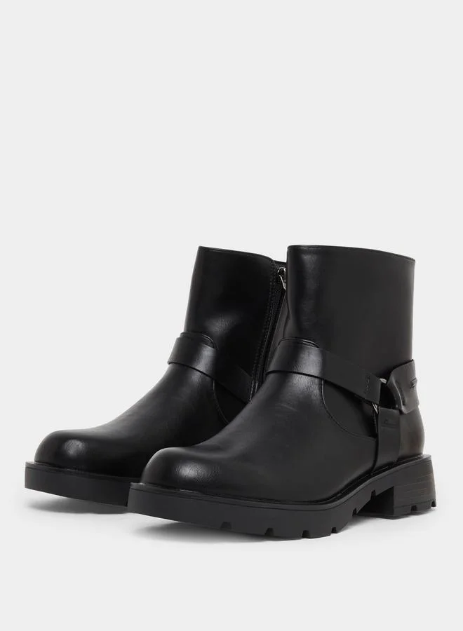 Styli Black Buckle Ankle Boots