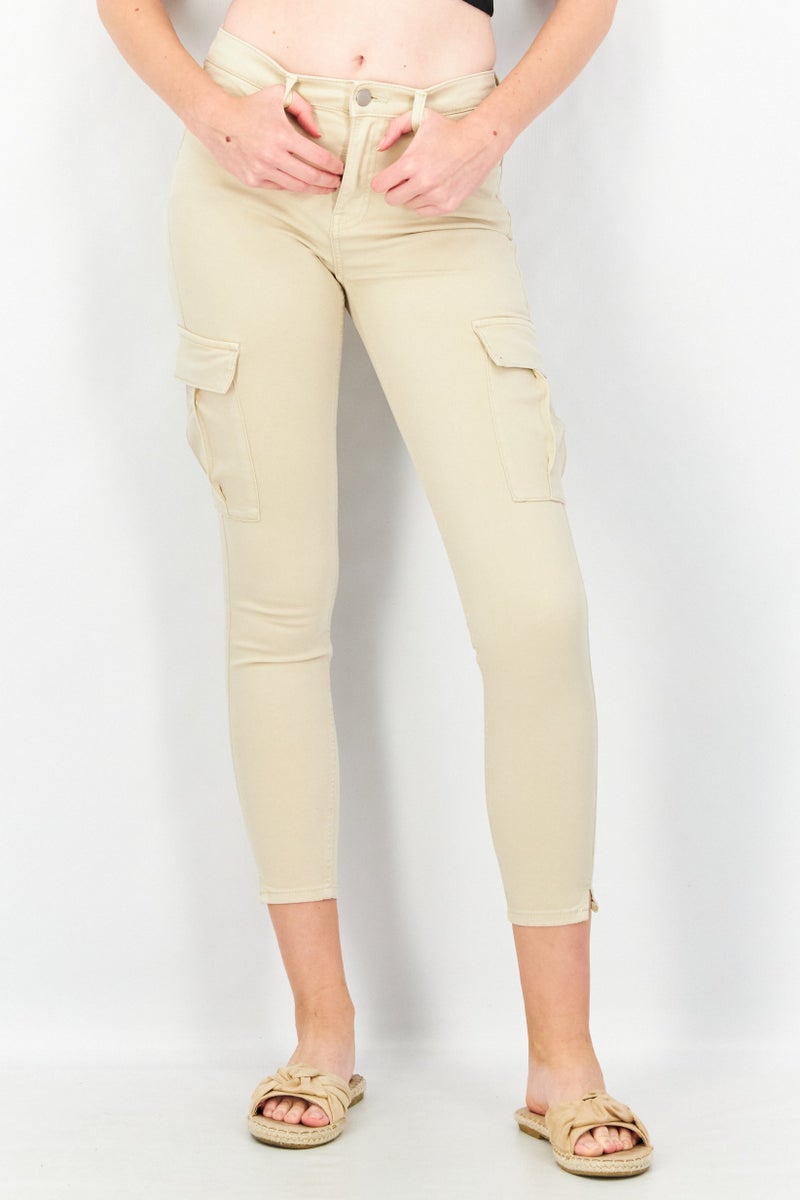 EDC Women Skinny Fit Solid Cargo Pocket Pants, Beige - Image 1