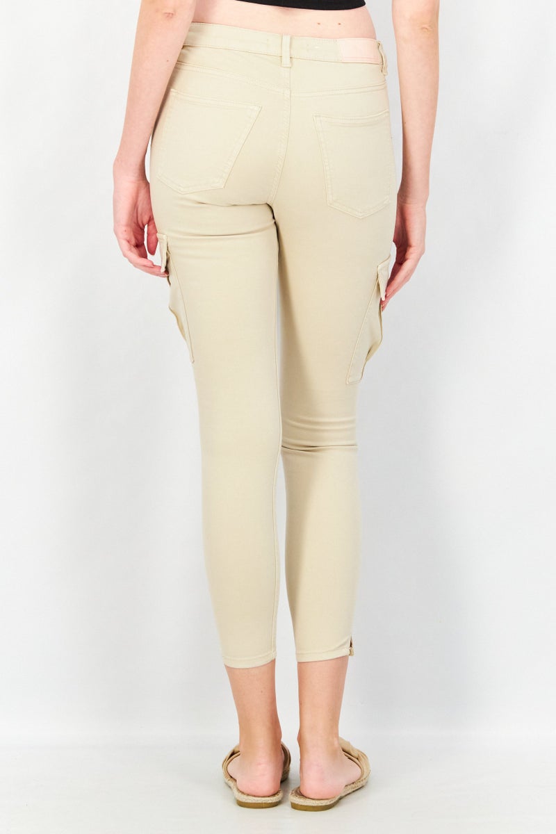 EDC Women Skinny Fit Solid Cargo Pocket Pants, Beige - Image 4