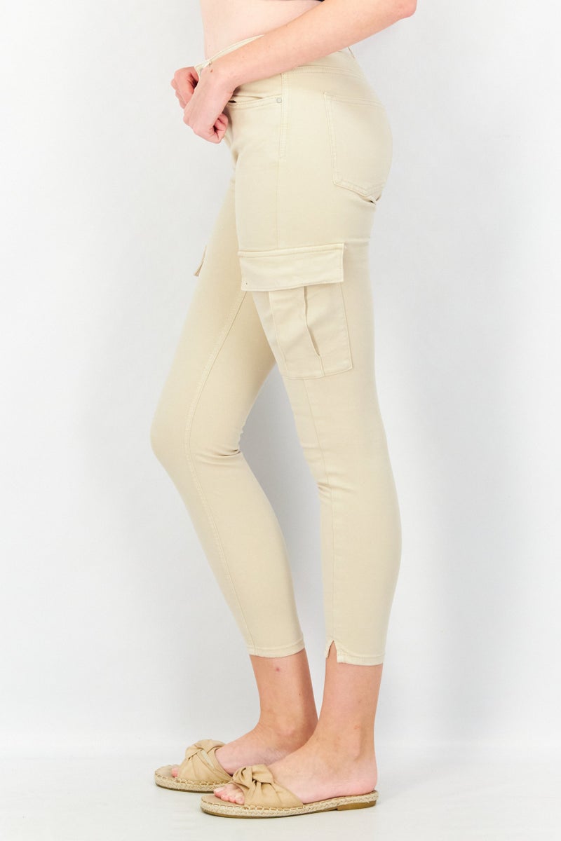 EDC Women Skinny Fit Solid Cargo Pocket Pants, Beige - Image 2