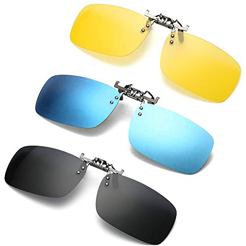 NEWON 3 PACK, Clip on Flip up Polarized Sunglasses For RX Eyeglasses, UV Protection Shades Lens Over Prescription Glasses, Black+Blue mirror+Yellow - Image 1