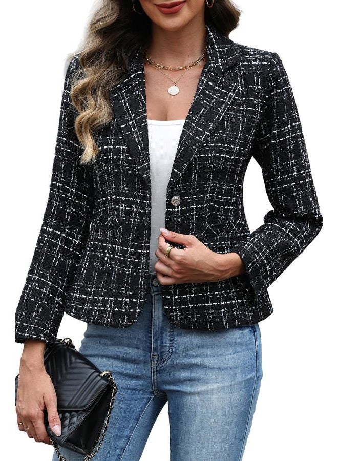 ELLEVEN Women's Tweed Blazer,2 Button Long Sleeve Jacket Slim Fit Business Suit with Pockets, Black, S - Image 1