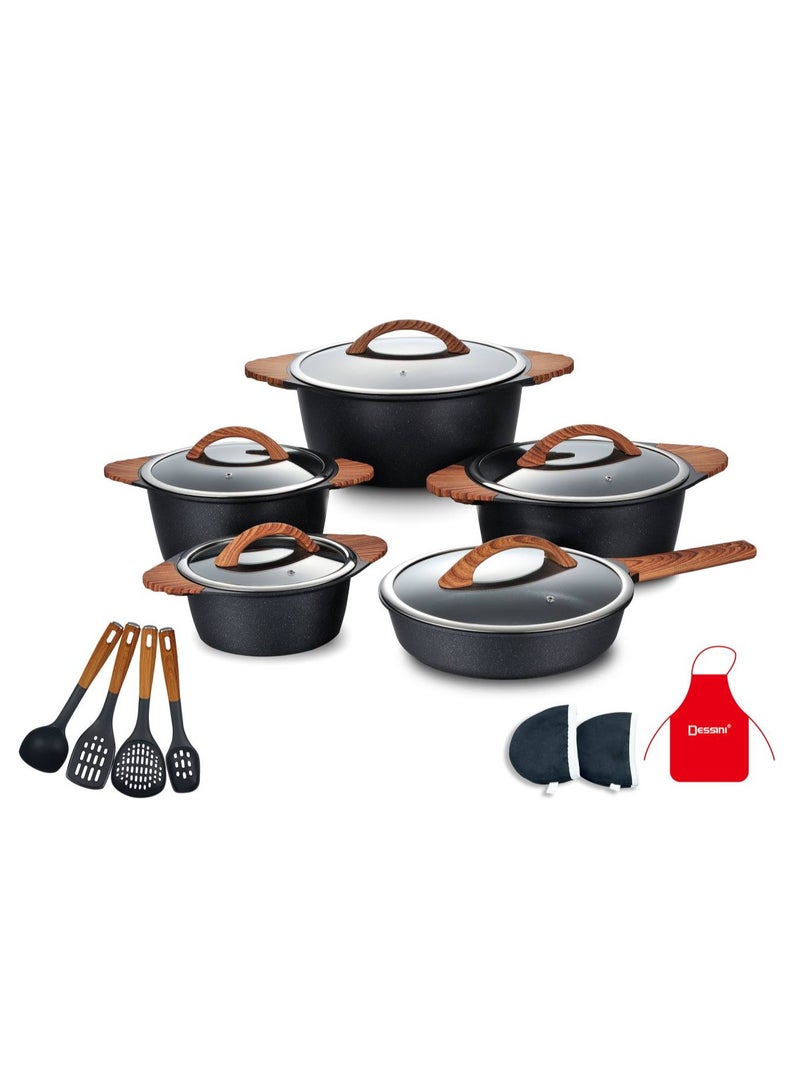 DESSINI 17-Piece Non Stick Granite Cookware Set 20/24/28/32Cm Casserole, 28Cm Shallow Casserole- PFOA Free - 2030 dark grey 